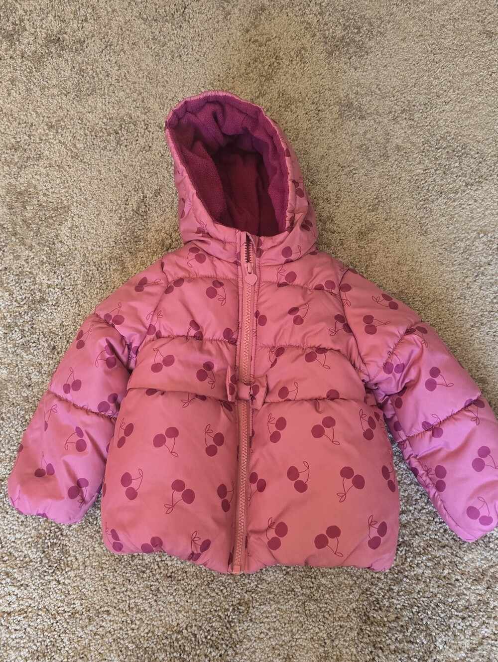 Carter's Hot Pink Cherry-Print Hooded Puffer Jacket. Winter, Snow